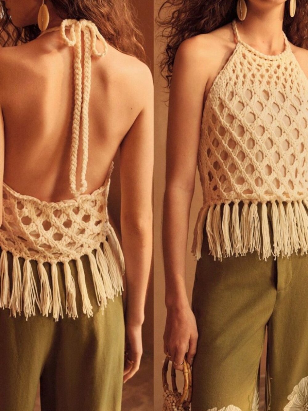 Cream Crochet Halter Crop Top with Fringe Hem - Picture 8 of 8